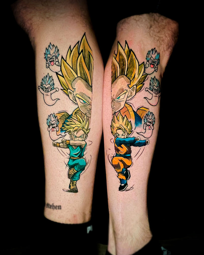 Tatuaje goten y trunks, del anime de dragon ball, en el momento de fusión, a color, tatuado por kaorukel