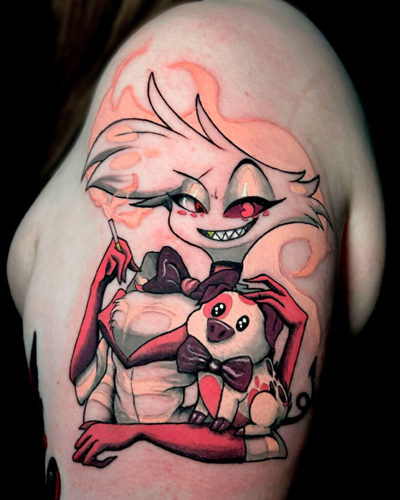 Tatuaje de angel, personaje de animación de hazbin hotel, a color, tatuado por kaorukel